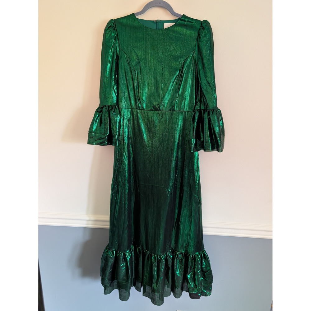 Pomander Place Green Metallic lillith Ruffle Midi Dress NWT Womens Small